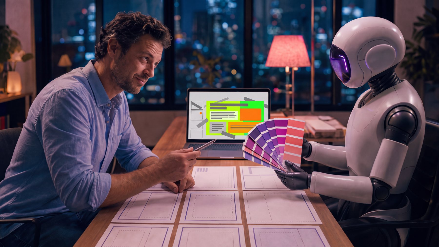 A man and a humanoid robot sit facing each other at a desk in the evening. The robot holds a fan of colour swatches in purple and pink tones, and the laptop between them shows a messy slide with scattered text blocks and garish colour fields.