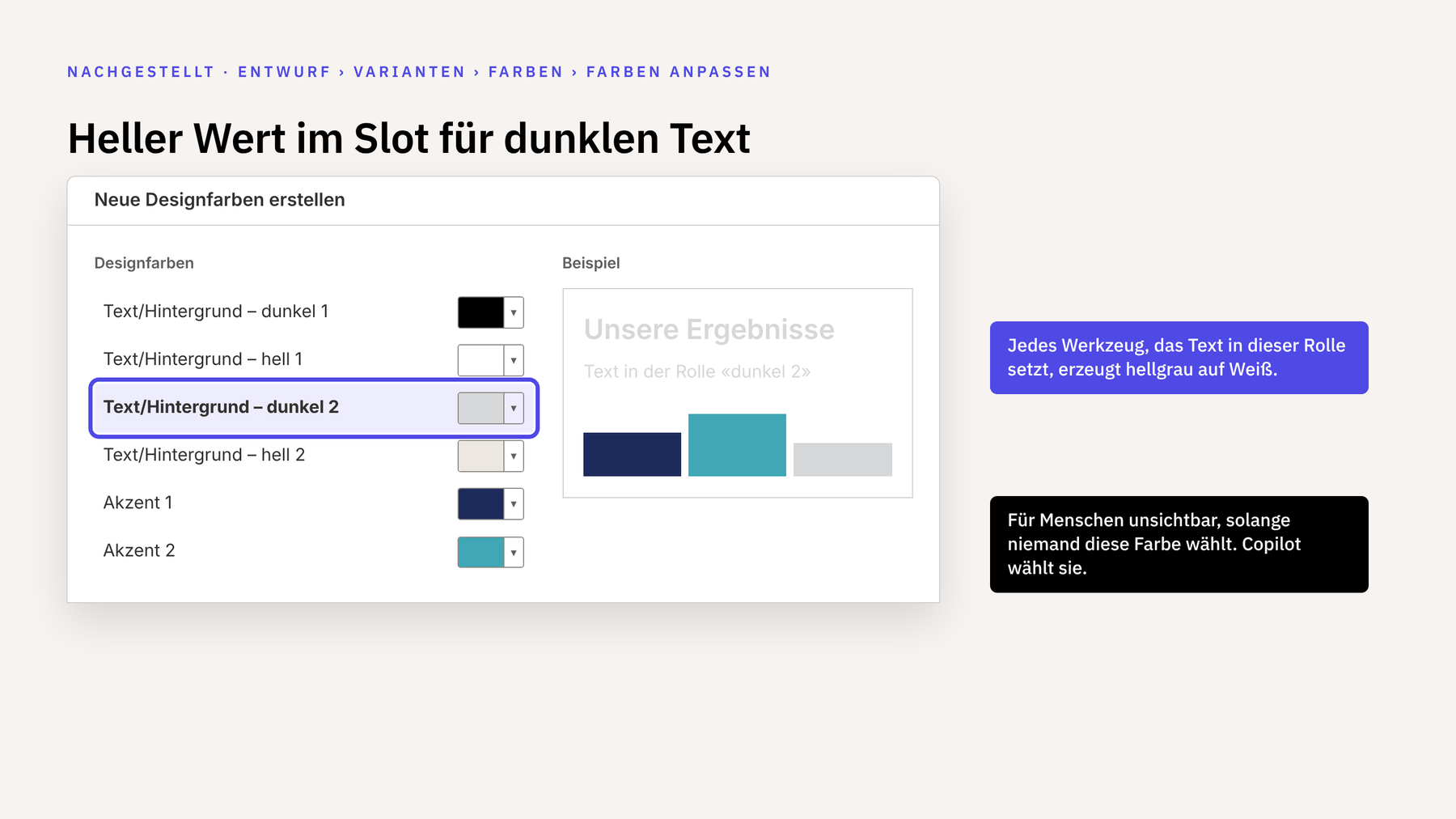 Nachgestellter Dialog «Neue Designfarben erstellen». Die Zeile «Text/Hintergrund – dunkel 2» ist hervorgehoben und mit hellem Grau belegt, die Vorschau zeigt kaum lesbaren Text.