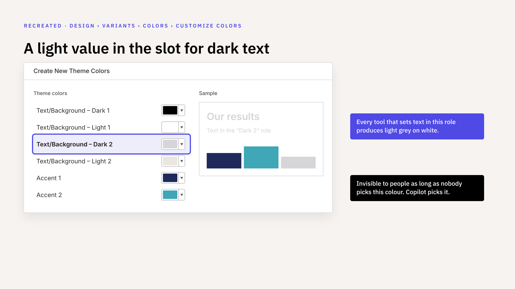 Recreated “Create New Theme Colors” dialog. The row “Text/Background – Dark 2” is highlighted and set to light grey; the preview shows barely legible text.