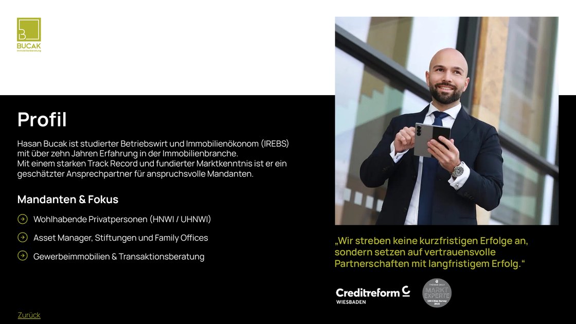 Profile of Hasan Bucak with client focus and Creditreform award