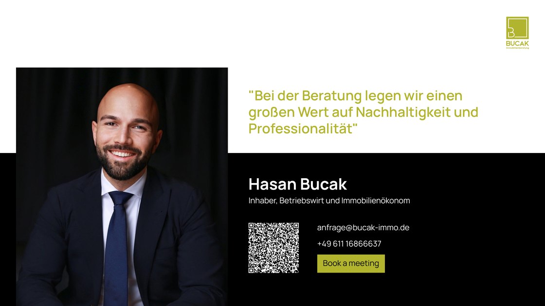 Contact slide with Hasan Bucak, QR code and booking link