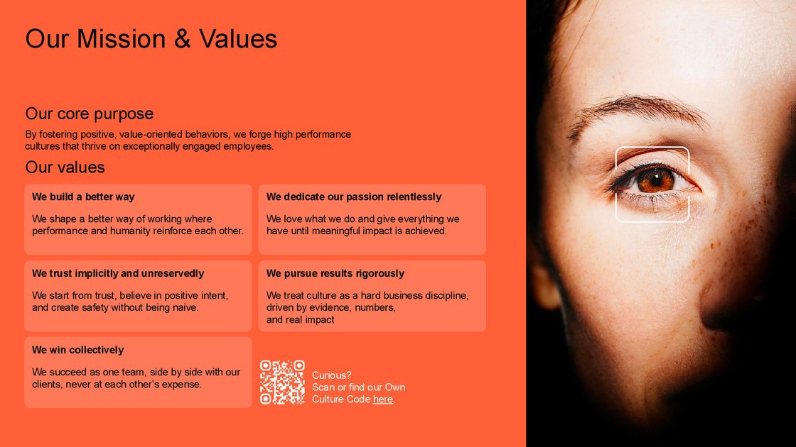 Mission and values of the organisation in five principles