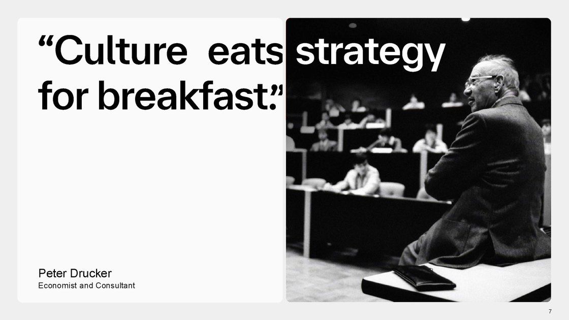 Quote slide: “culture eats strategy for breakfast” by Peter Drucker