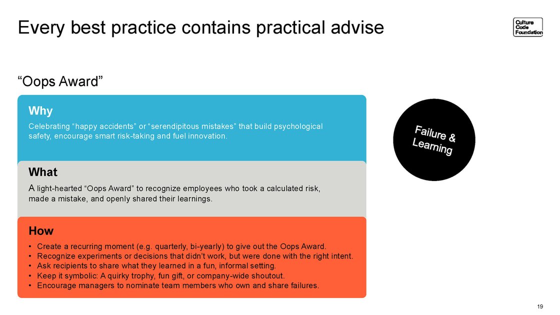 Every best practice comes with practical advice, example “oops award”