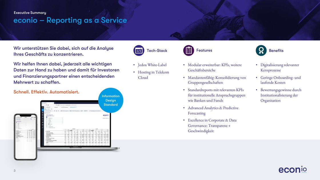 Executive summary covering tech stack, features and benefits
