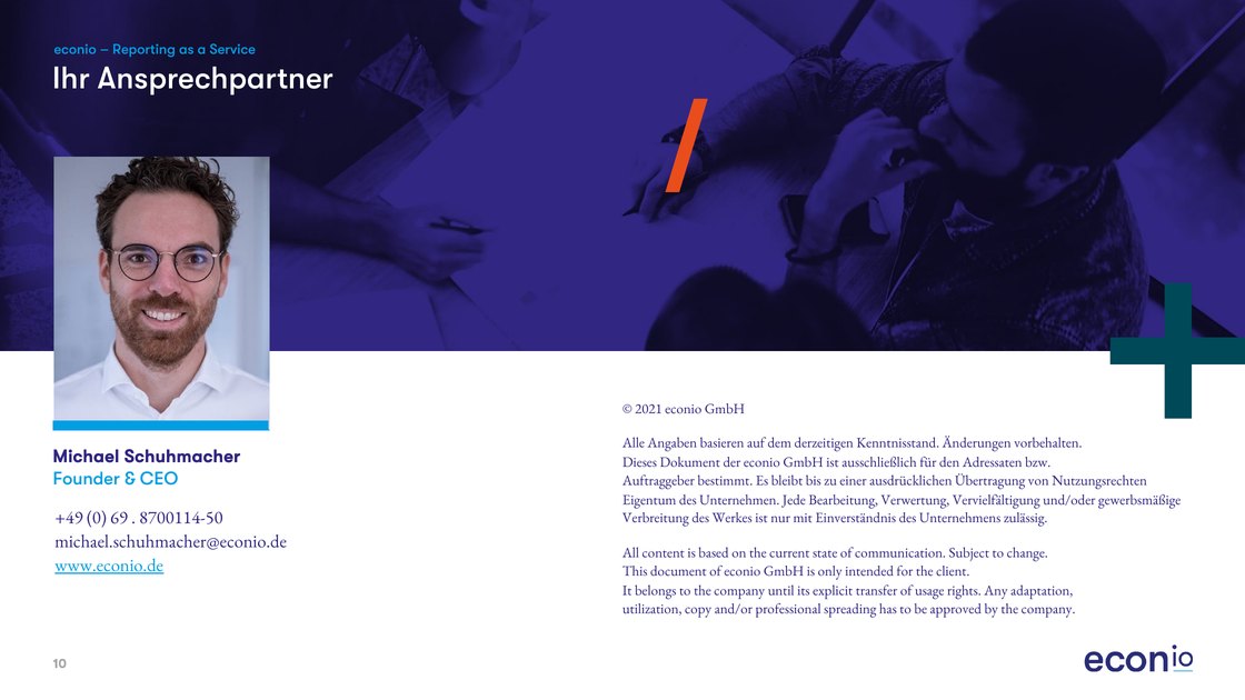 Contact slide with the account contact and legal notice