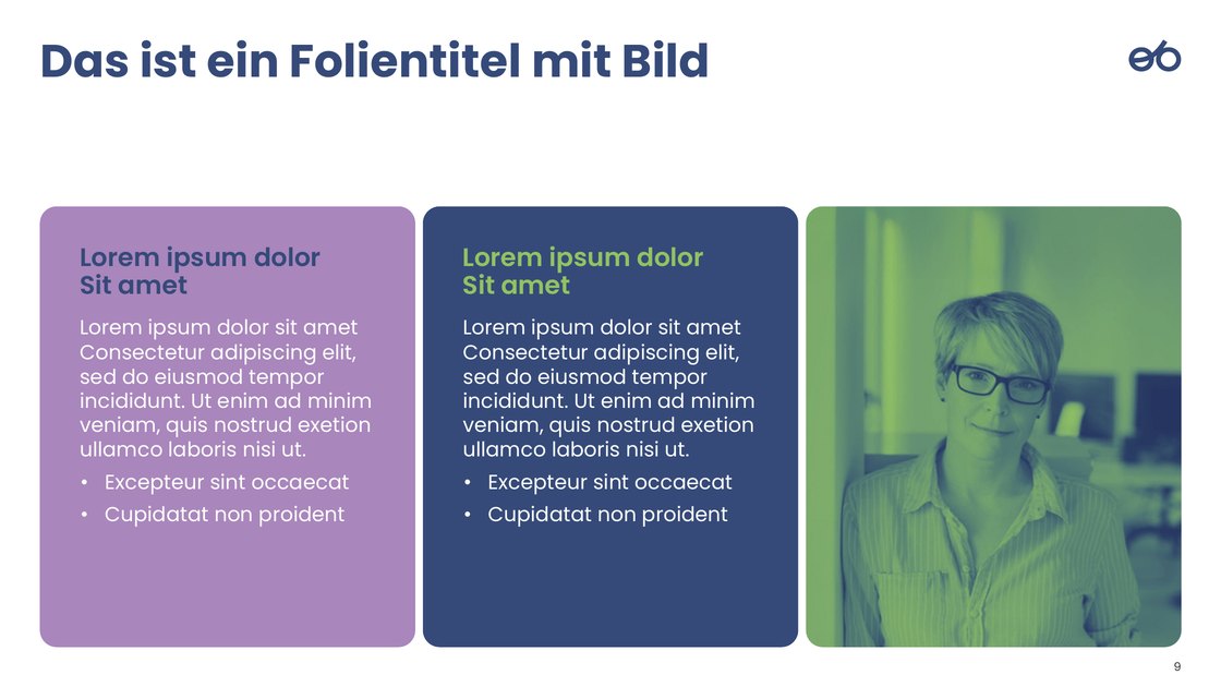 Layout with two coloured text cards and an image