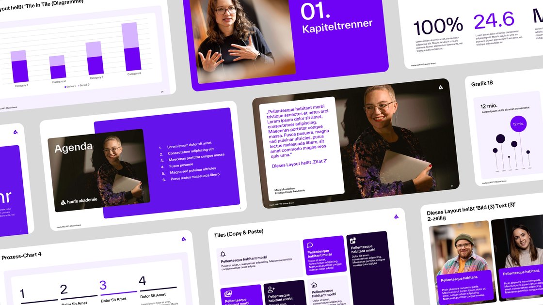 Slide selection from the brand world: charts, dividers, key figures and process graphics