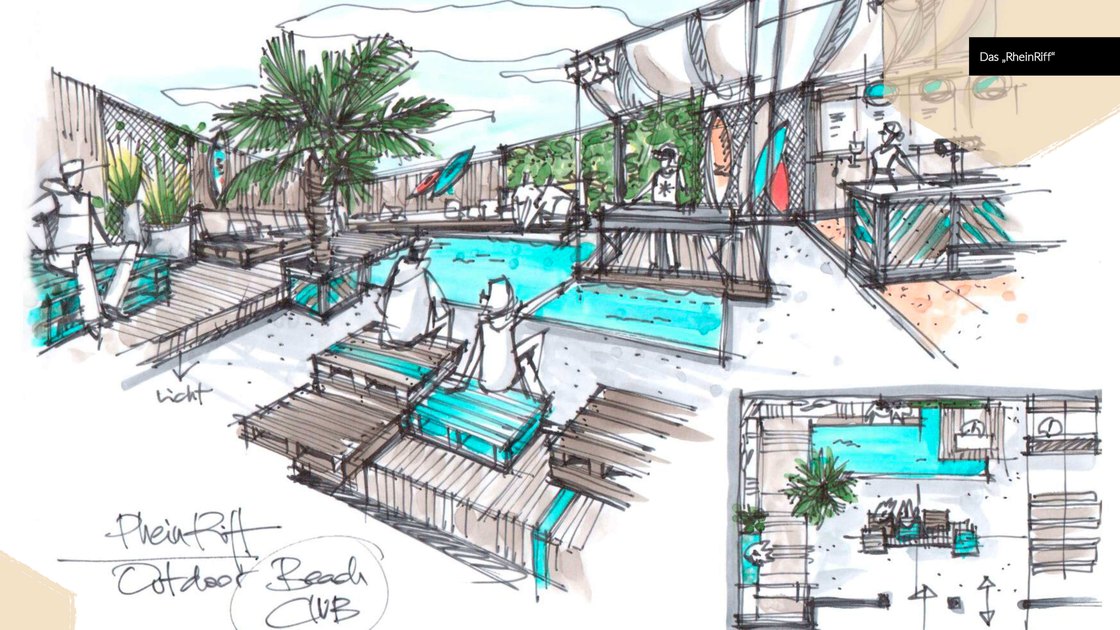 Architekturskizze des RheinRiff Outdoor Beach Clubs