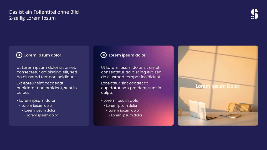 “Slide title without image” layout with three content cards