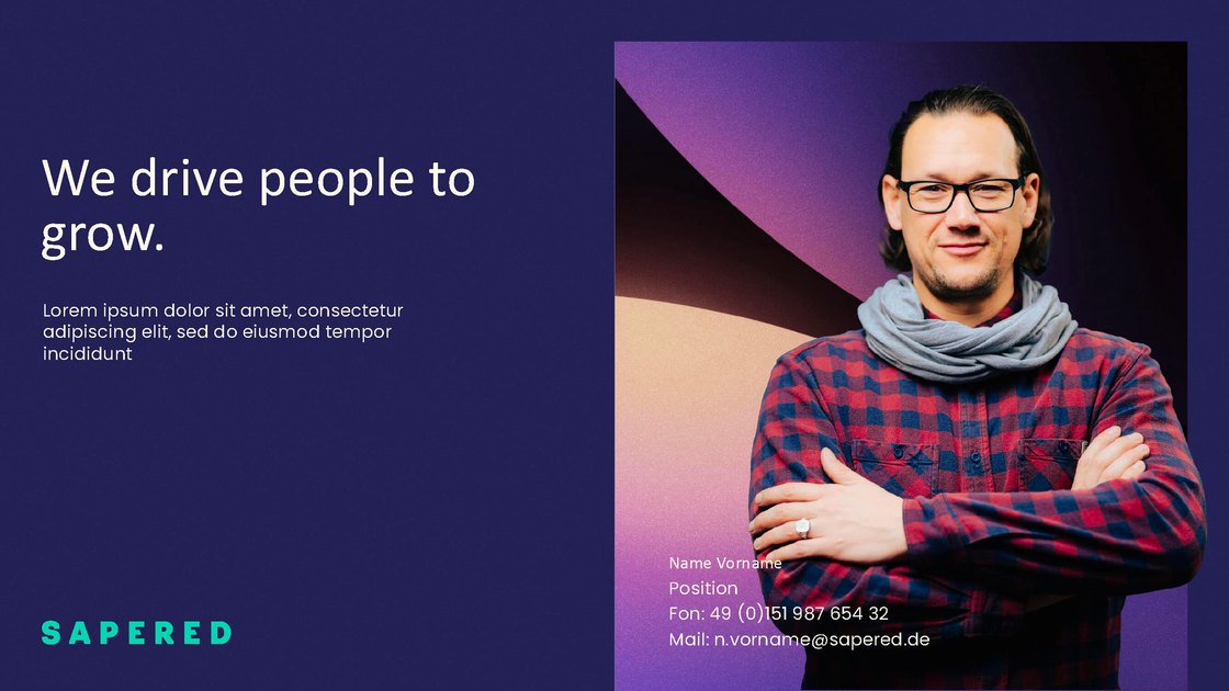 Image slide “We drive people to grow” with a contact person