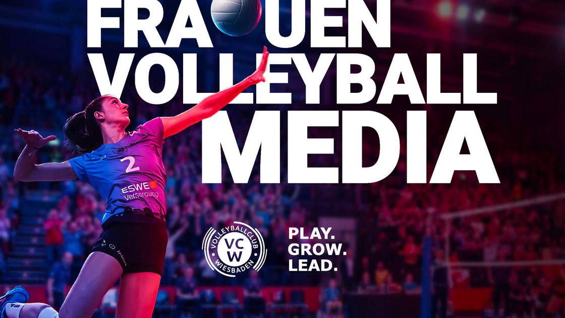 Title slide: women's volleyball media with the claim Play. Grow. Lead.