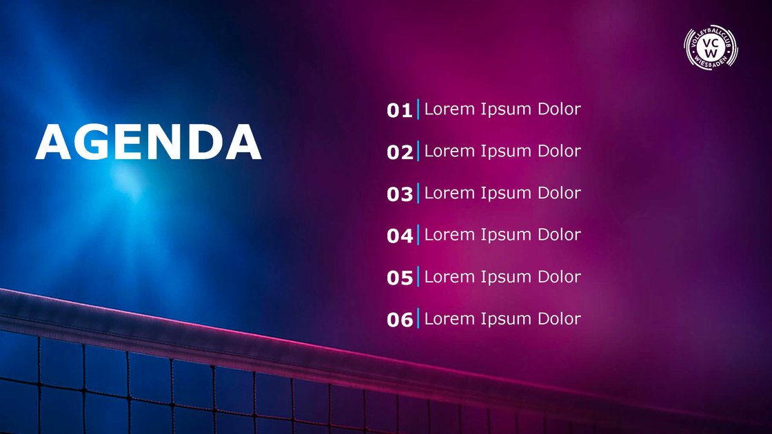 Agenda slide with six numbered items