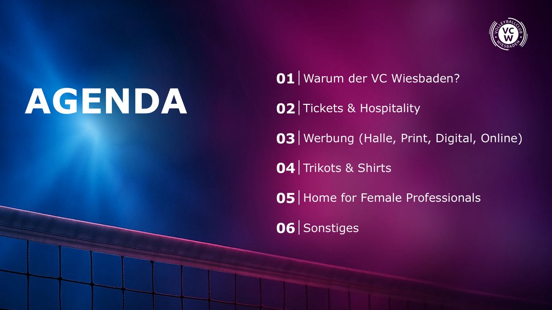 Agenda with six chapters, from tickets through to other topics