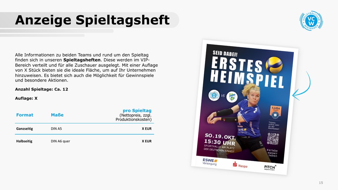 Advertising in the matchday programme with formats and print run, prices masked