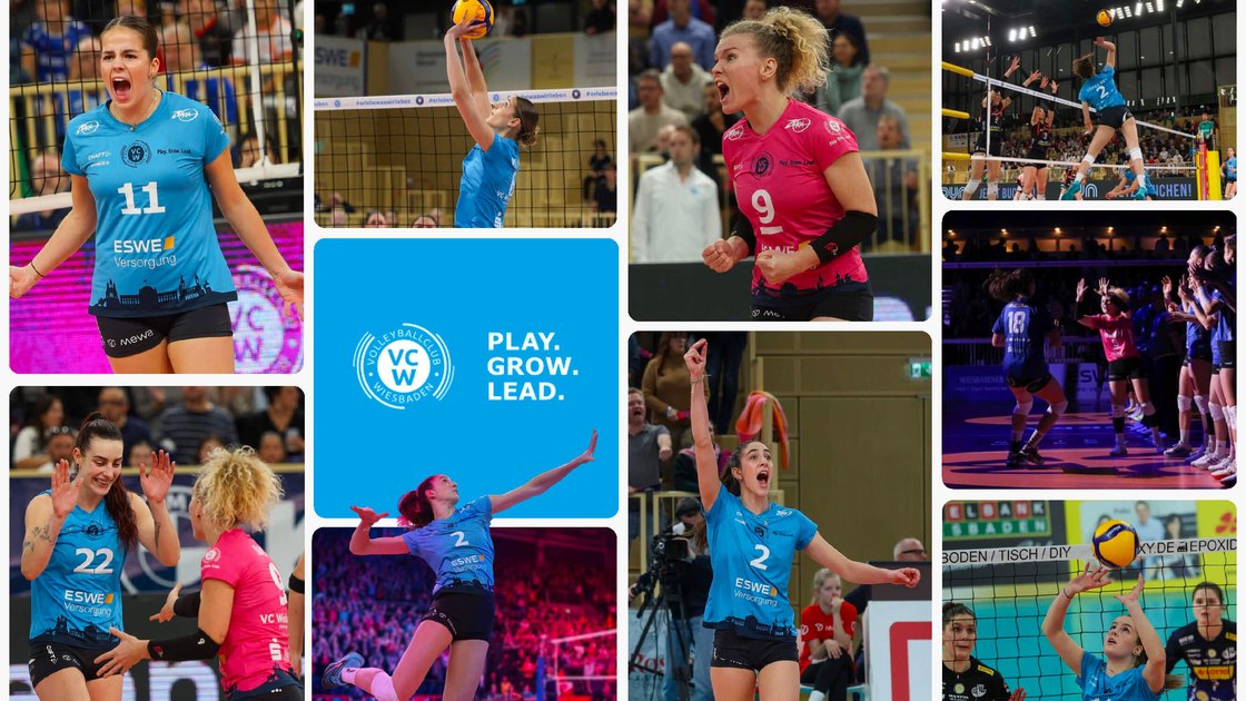 Photo collage of match scenes with the claim Play. Grow. Lead.