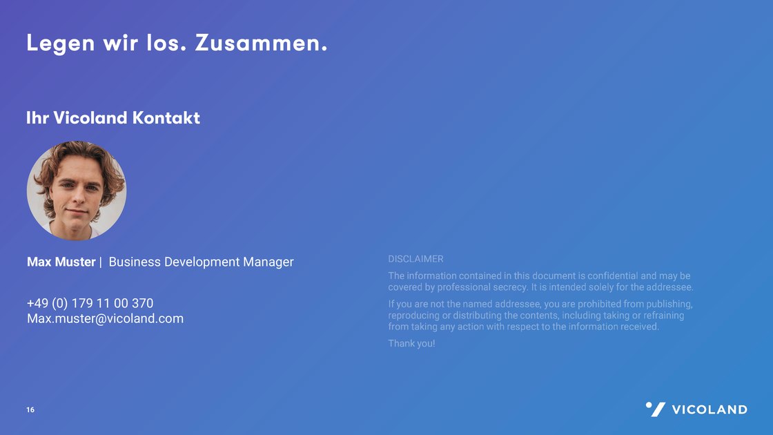 Closing slide “let's get started, together” with a placeholder contact