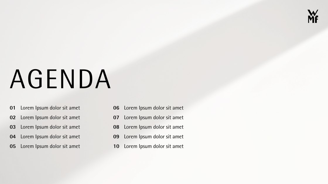 Agenda slide with ten items in two columns