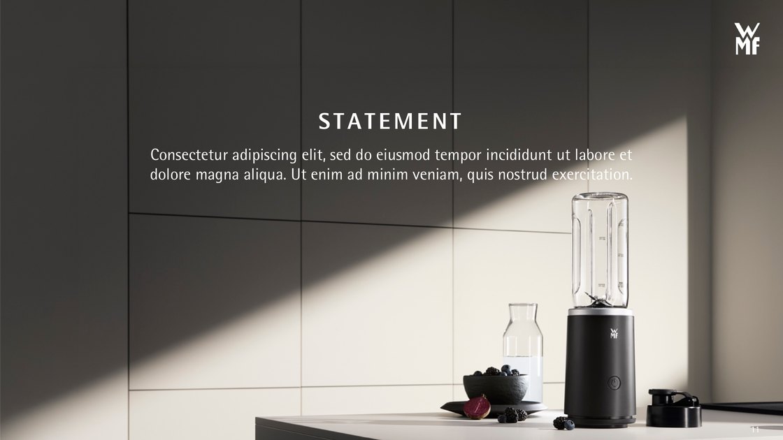 Statement slide on a dark background with a product shot