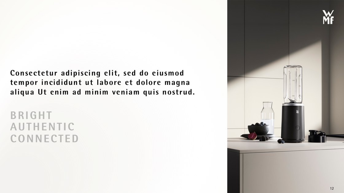 Statement slide “bright, authentic, connected” with a kitchen scene