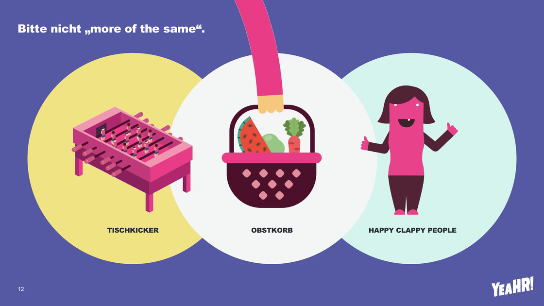 No more of the same: table football, fruit basket, happy clappy people