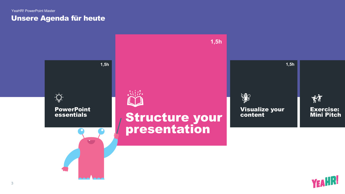 Agenda slide with four chapters and timings